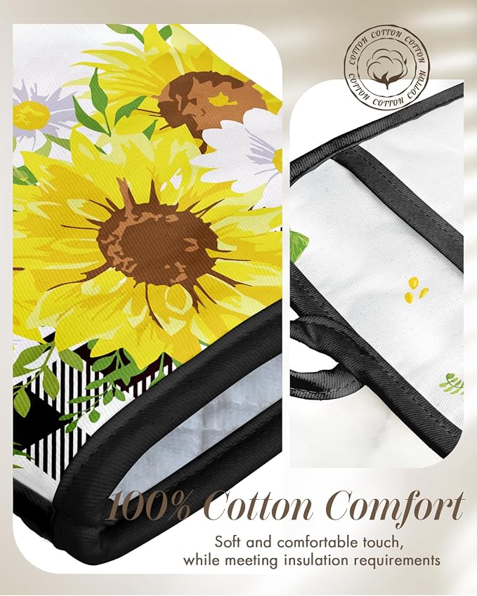 Miss Adola Cotton Oven Mitts and Pot Holders Sets, Sunny Bloom | Heat-resistant up to 350°F, Pure Cotton, Quilted Contact Surface, Stylish Design, with Hanging Loop, Ready to Gift Package