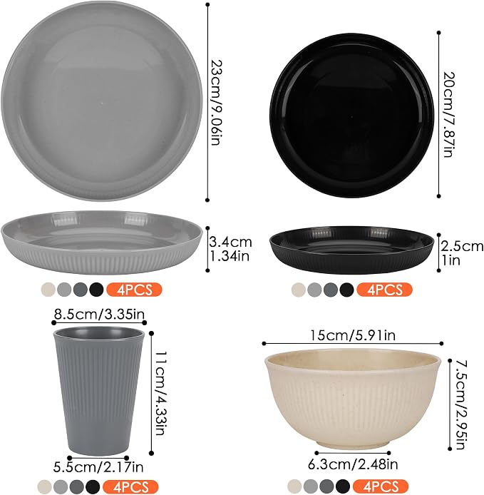 16pcs Wheat Straw Dinnerware Set for 4 People Camping Plates and Bowls Set | Unbreakable Dish Set Reusable Picnic Set, Plates, Cups, Bowls, Microwave and Dishwasher Safe