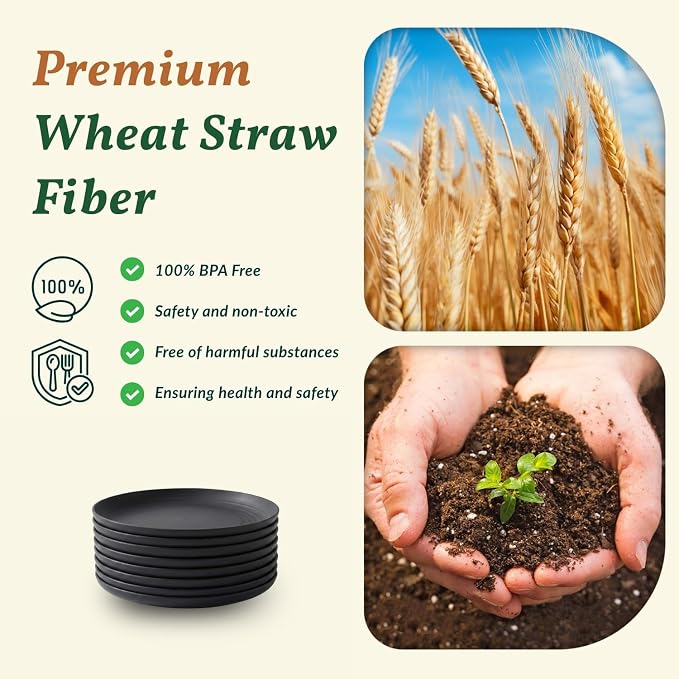 Black Small Plates | 5.7" Unbreakable Melamine Appetizer & Dessert Plates, Chic Wheat Straw Salad Plates | For Sushi, Cocktails, Bread & Side Dishes -Set of 8, Black