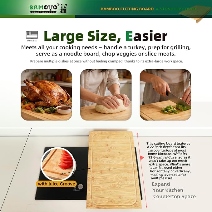 BAMOTTO CRAFTBAMBOO 12.6 x 22 Inch Bamboo Stovetop Cover Cutting Board | Detachable Legs | Detachable Front Lip | Over-the-Sink | Space Saving Kitchen Countertop Long Board