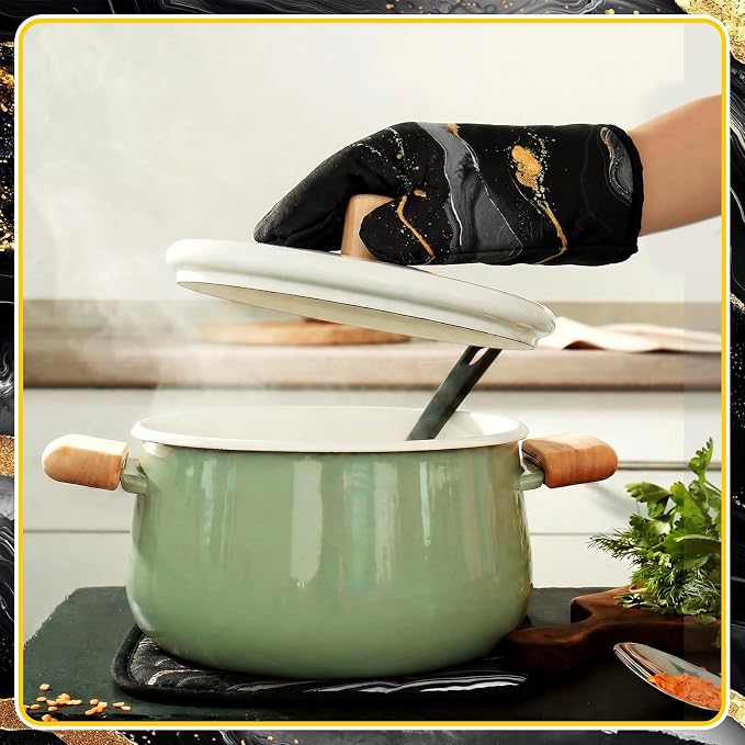 Leinuosen 8 Pcs Black and Gold Marble Kitchen Towels and Dishcloths Sets Oven Mitts and Pot Holders Absorbent Kitchen Gloves Potholders Heat Resistant for Chef Baking Cooking
