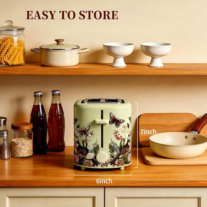 INFOOD Retro Toaster 2 Slice - 6 Toast Settings, Cancel/Defrost/Reheat Buttons, Built-in Warming Rack & Removable Crumb Tray, 1.5 Inches Extra Wide Slots, 750W, Floral Design