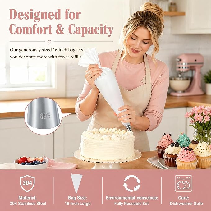 Reusable Piping Bags and Tips Set, 16inch Cotton Pastry Bags | 304 Icing Tips 1A 1M 4B 114 853 895 puff tip For Cake Decorating, Cupcakes, Cookies, Durable Baking Tool Kit