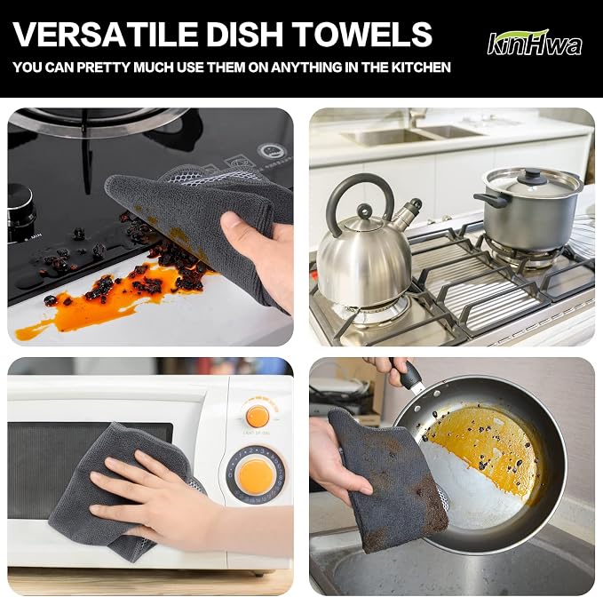Dish Cloths for Washing Dishes with Scrub Side, Microfiber Dish Rags | Dual-sided microfiber dish cloths with scrubber for stuck-on food, quick dry kitchen washcloths 18 Pack, 12" x 12 Inch Gray