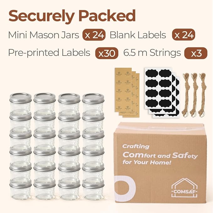 ComSaf 4 oz Mason Jars Bulk Set, 24 Pack Regular Mouth Jars with Lids | BPA-Free Materials, Spice Rack, Small Jam, Honey Samples, Wedding Favors, DIY Candles, Labels and Twine