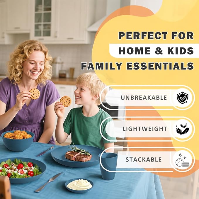16 PCS Wheat Straw Plates and Bowls Sets,Kids Dishes Dinnerware Sets for 4,Unbreakable Kitchen Plates and Bowls Set for Travel Dishwasher & Microwave Safe Lightweight Dishes Set - DeepBlue
