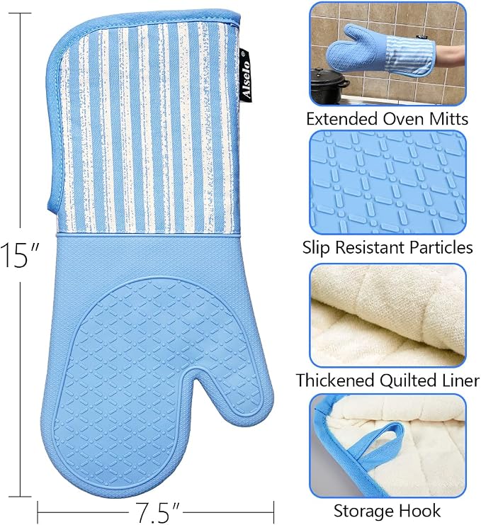 Alselo Silicone Oven Mitts Heat Resistant 932℉ with Waterproof & Non-Slip | Kitchen Mittens Set of 2,Extra Long Oven Gloves with Soft Cotton Terry Lining for Baking Cooking Barbecue (Blue,2)