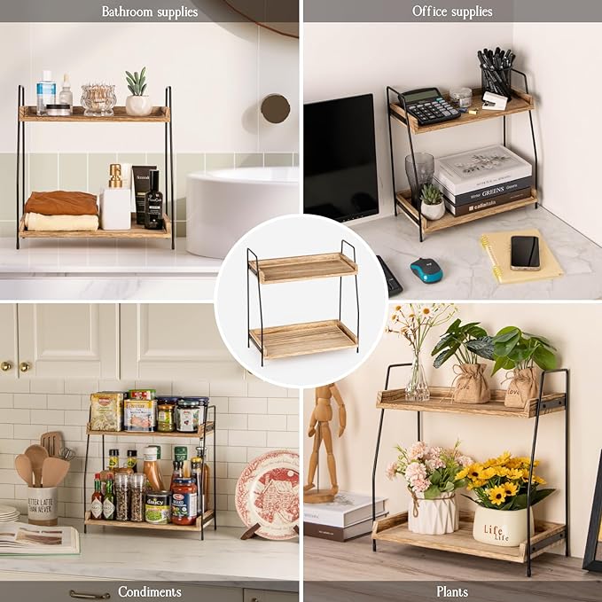 ANBOXIT Countertop Coffee Station Organizer, 2 Tier Wooden Shelf | for Coffee Bar Accessories, Condiment Storage Caddy for Kitchen, Home, Office - Brown