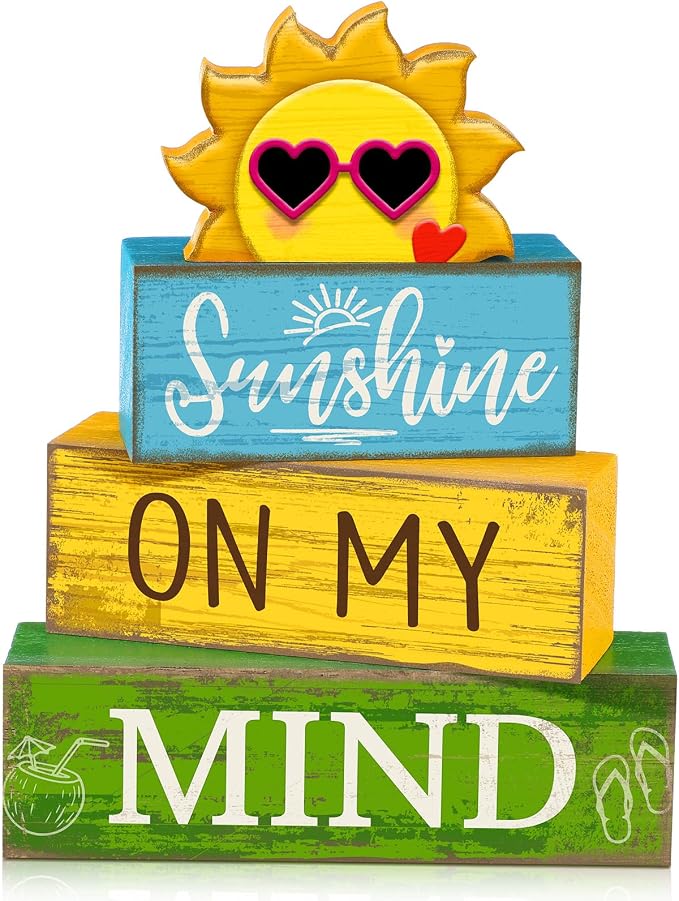 Lineshading 4 Pcs Summer Wooden Block Signs Table Decor Sunshine | Rustic Farmhouse Decorations for Tiered Tray, Shelf Displays, Seasonal Home Accents with Sun Topper, Stackable Design