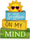 Lineshading 4 Pcs Summer Wooden Block Signs Table Decor Sunshine | Rustic Farmhouse Decorations for Tiered Tray, Shelf Displays, Seasonal Home Accents with Sun Topper, Stackable Design