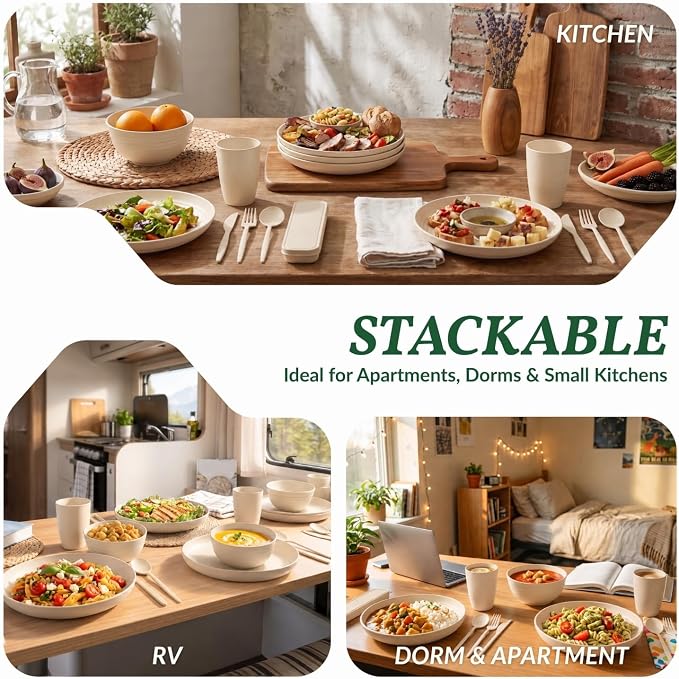 28 PCS Plastic Plates and Bowls Sets for 4 Unbreakable Wheat Straw Dinnerware Sets for Dorm, Camping, RV, Party, Travel Lightweight Utensils Kitchen Microwave & Dishwasher Safe(Beige)
