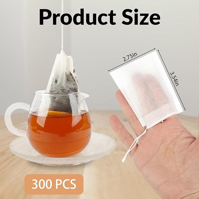 300 Pcs Disposable Empty Tea Bags for Loose Leaf Tea | 3.54" x 2.75", Food-grade, with Drawstring, Safe for Hot Water Brewing, for Coffee, Herbs, Spices, Tea Filter Sachets Infuser