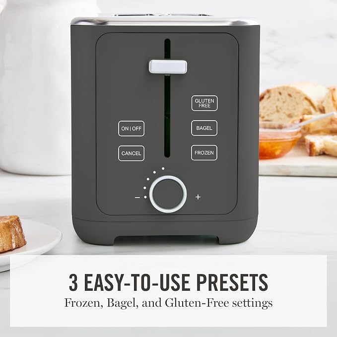 Martha Stewart 2-Slice Toaster, 3 Presets & 10 Shade Settings, Caviar Gray | Gluten-Free, Bagels, Extra-Wide Self Centering Slots, Waffles & Artisan Bread, Shade Memory, Cord Wrap & Removable Crumb Tray
