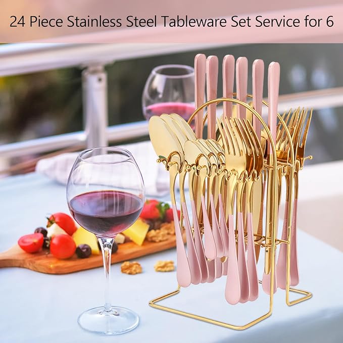 24 Pieces Silverware Set, Stainless Steel Cutlery Set with Holder, Flatware Set for 6 Person Tableware Set Includes Dinner Knives Forks Spoons Teaspoons, Mirror Polished (Pink Gold)