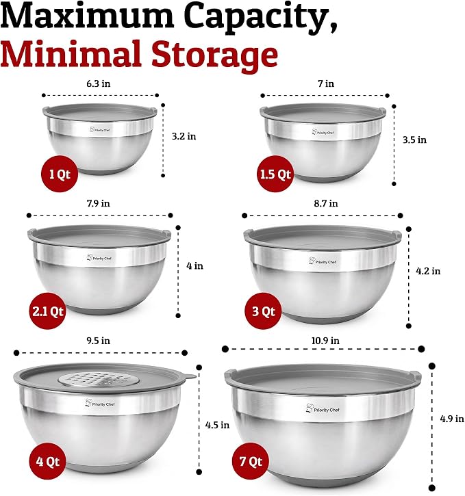 6Pc Stainless Steel Mixing Bowls with Lids Set, Huge 7 Qrt Size Metal Bowl Set for Kitchen, 3 Graters, Non-Slip Bases & Silicone Utensils Set, Grey