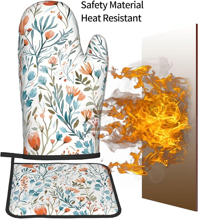 Teal Orange Watercolor Floral Oven Mitts and Pot Holders Sets of 3, Heat Resistant Non-Slip Washable, Chef Cooking Baking Gifts for Women Bakers, Burnt Orange Blue Green Flowers Charming Kitchen Decor