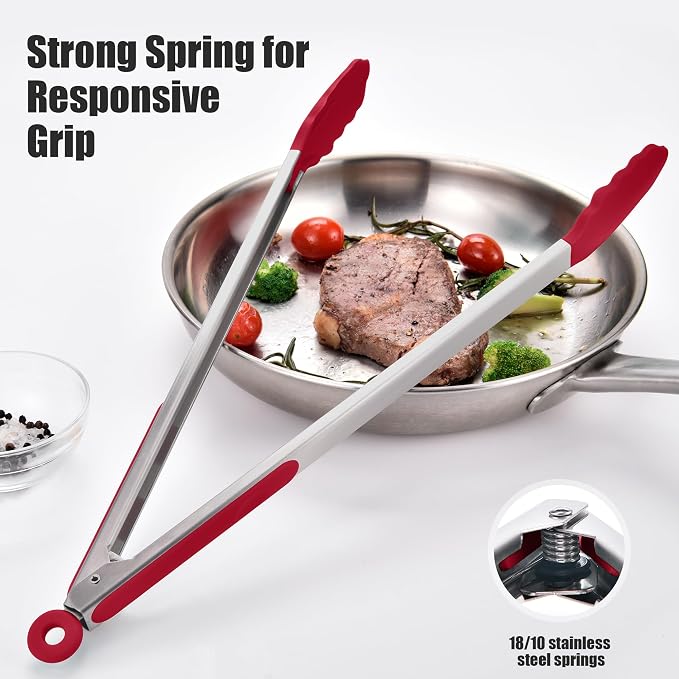 Doosu Kitchen Tongs with Silicone Tips for Cooking Serving (16in, Red) | 600°F Heat Resistant Food Tong, Heavy Duty Stainless Steel Locking Tong for BBQ, Grilling Steak, Salad, Toast, Pasta