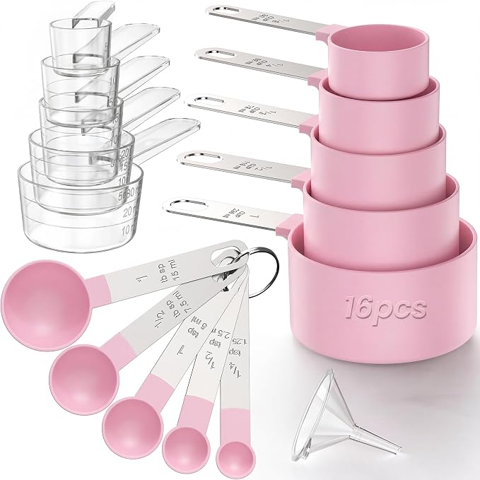 16PCS Measuring Cups and Spoons Set, Measuring Spoon Set with Metric and US Measurements, Fits for Measuring Dry and Liquid (Pink)