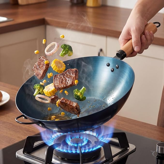 NEWBULIG 13.5" Carbon Steel Wok Pan, Pre-Seasoned Flat Bottom Wok for Stir Fry, BBQ, Grill & Camping, Compatible with Induction, Electric, Gas and Open Fire, Blue