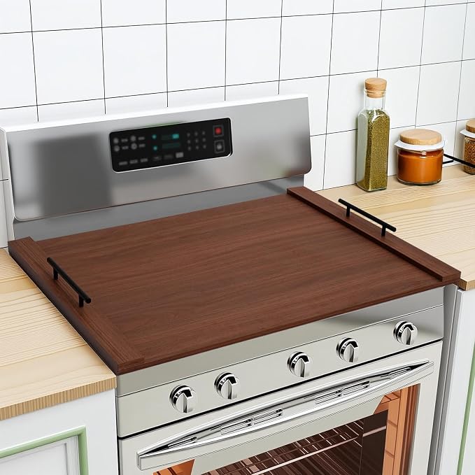 Walnut Noodle Board Stove Cover 30x22 Inch with Handles, Wood Stove Top Cover for Electric and Gas Stovetop, Wooden Kitchen Sink Cover, Decorative Serving Tray