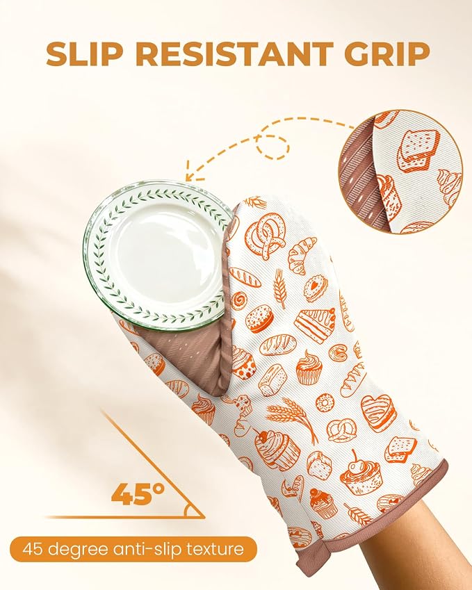 100% Thick Cotton Mini Oven Mitts with Silicone Grip Bakery Bread | Girly Cute Oven Mitts for Women, Machine Washable, Non-Slip, Reversible Design Fits Both Hands, Stylish Kitchen Decor