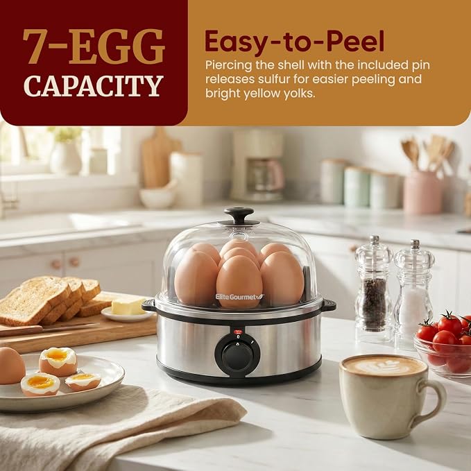 Elite Gourmet EGC648 Egg Boiler Cooker, 7-Egg Poacher/Omelet Maker, Steel | Cooks soft, medium, or hard-boiled eggs, also scrambles - auto shut-off with buzzer - measuring cup included - BPA-free