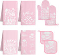 8 Pcs Pink Kitchen Decor Set 4 Pink Kitchen Dish Towels 2 Oven Mitt 2 Pot Holders for Kitchens Cooking Baking Spring Decoration Farmhouse Housewarming Accessories