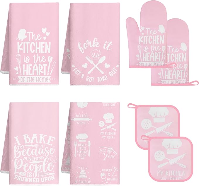8 Pcs Pink Kitchen Decor Set 4 Pink Kitchen Dish Towels 2 Oven Mitt 2 Pot Holders for Kitchens Cooking Baking Spring Decoration Farmhouse Housewarming Accessories