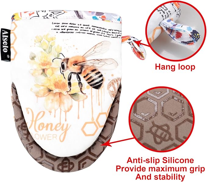 Alselo Mini Oven Mitts 2-Pack Set,Silicone Little Kitchen Gloves | Heat Resistant with Non-Slip Grip and Soft Quilted Cotton Lining for Safe Backing Cooking Barbecue (Khaki, Bee,2)