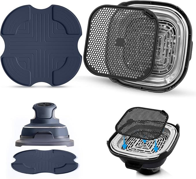 Silicone Mat for Ninja Crispi Air Fryer, Heat-Insulating Trivet for FN101 Containers – Kitchen Splatter Guard, Ninja crispi Accessories Oil Blocker, Keeps Countertop Clean (Dark Blue & Black)
