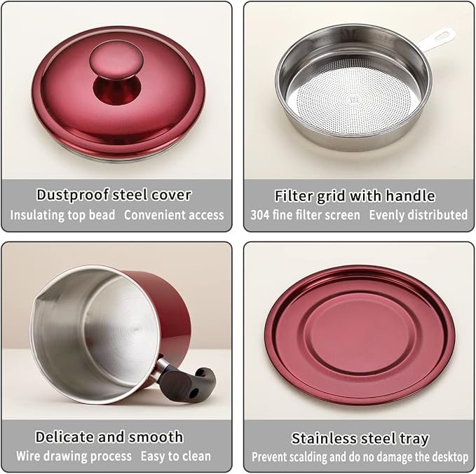 Kyraton Bacon Grease Container With Strainer, 48 oz Metal Shining Red Stainless Steel Oil Container, Pot Fat Storage With Lid, Easy Grip Handle Suitable For Storing Frying Oil And Cooking Grease