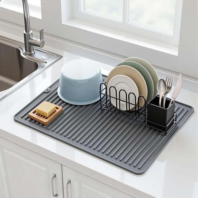 Songrey Silicone Dish Drying Mat for Kitchen Counter, 24" x 18", White | Drying Pad for Sink Dishes or Under Rack, Multi-Use as Heat Resistant Trivet, Coffee Bar Mat