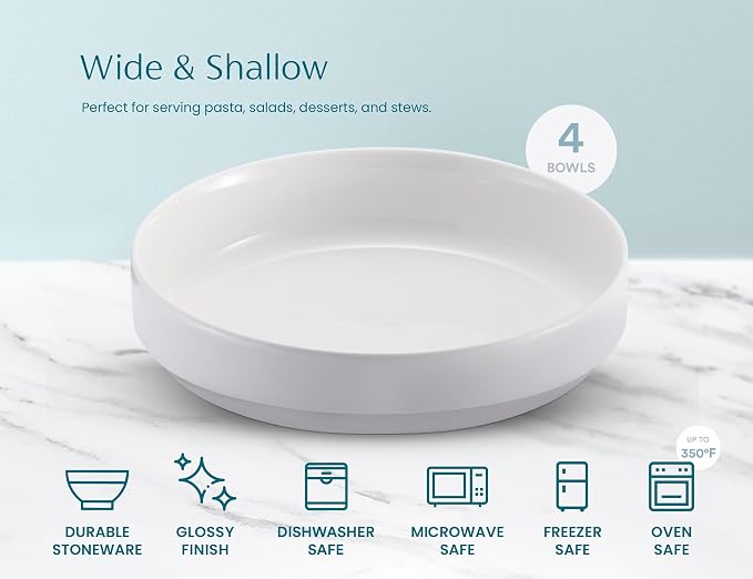 KooK Pasta Bowl, Bowl Plate, Low Bowl, Plate Bowls, Ceramic Large Shallow Bowls, Microwave and Dishwasher Safe, Great for Soups and Salads, Glossy Porcelain, 47 oz, Set of 4, White