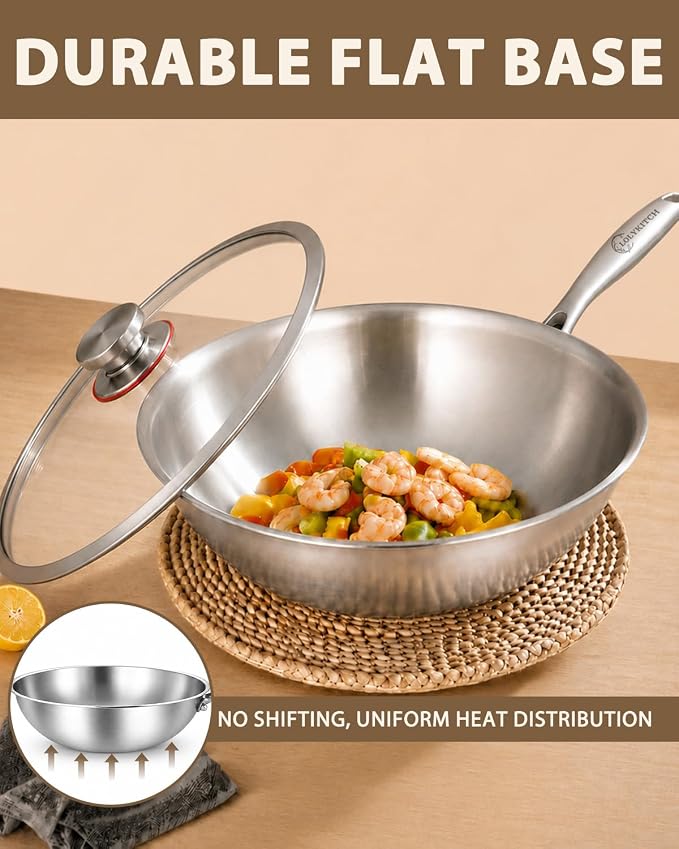 12.5-Inch Tri-Ply Stainless Steel Wok Pan with Lid | Detachable handle | Stir-Frying Pan | Induction Wok | Dishwasher and Oven Safe | Heavy-Duty | Flat-Bottom