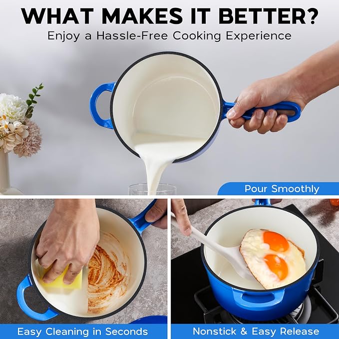 Onader 1QT & 2QT Saucepan Set with Lid, Enameled Cast Iron Sauce Pan Pot, Small Dutch Oven Cooking Kitchen Pot, Nonstick & Heavy Duty, Induction Compatible – Deep Blue