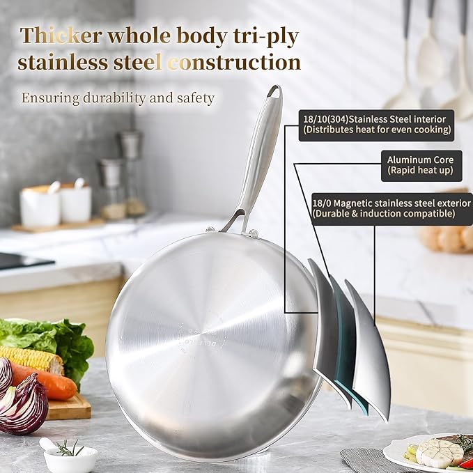 DELARLO Tri-Ply Stainless Steel Pan,18/10, 9" 11" | Nontoxic Durable Oven Safe 800℉ All Cooktops Compatible Fast Even Heat PFOA Free Large Frying Pan Nontoxic Cookware