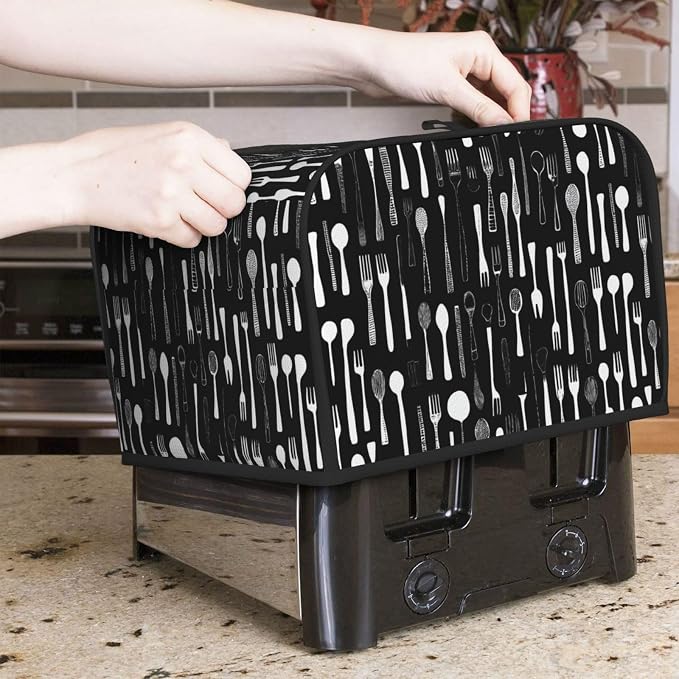 4 Slice Toaster Cover Fork Spoon Pattern Black Dust Proof Washable Kitchen Appliance Cover with Pocket, Oxford Fabric Countertop Toaster Protector for Standard Toasters Small Appliances