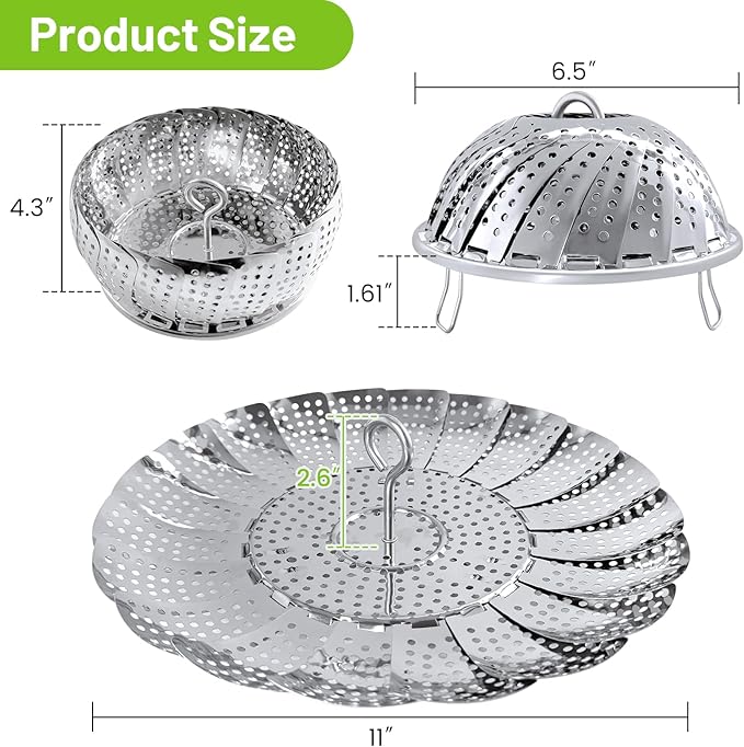 Sayfine Vegetable Steamer Basket, Premium Stainless Steel Veggie Steamer Basket - Folding Expandable Steamers to Fits Various Size Pot (Extra Large (6.5" to 11"))