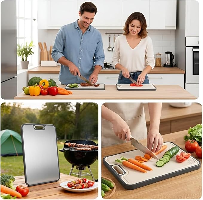 Titanium Cutting Board for Kitchen, Double Sided 2-in-1 Chopping Board with Grinding Area, Food Grade Non Toxic Metal Cutting Board for Meat & Veggies, Easy to Clean, Large Size 16"11" | Double Sided 2-in-1, Grinding Area, Food Grade Non Toxic Metal, F...