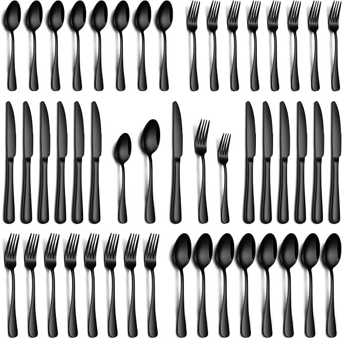 PHILIPALA 40 Piece Black Silverware Set, Stainless Steel Flatware Set for 8 Food Grade Cutlery Utensil Set Include Knife Fork Spoon Mirror Polished Dishwasher Safe