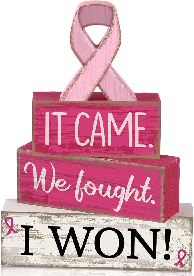 Lineshading 4 Pcs Breast Cancer Wooden Block Signs Farmhouse Decor | Rustic Table or Tiered Tray Decor, Pink Ribbon Survivor Gift, Wooden Blocks with Inspirational Messages for Home Awareness