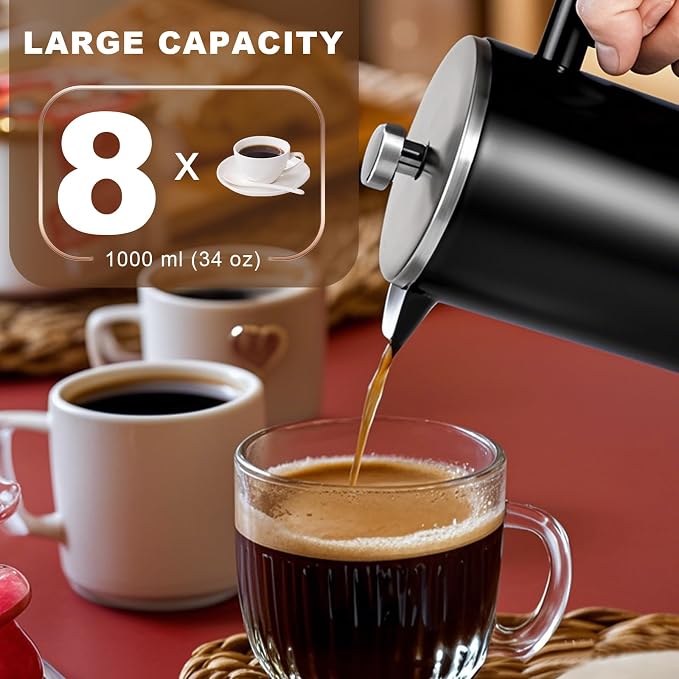 34 OZ Large French Press, Premium Stainless Steel French Press Coffee Maker | Sturdy Insulated French Coffee Press 4 - 8 Cups, Tea Presses for Home Kitchen Camping Travel Loose Tea, Elegant Black