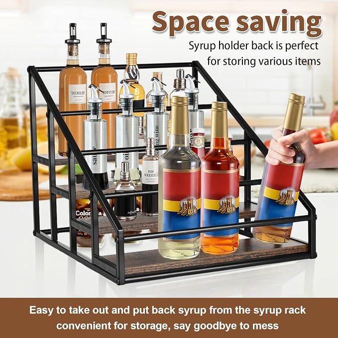 YQBRAO 2-Pack 4-Tier Coffee Syrup Organizer, 32-Bottle Total, Brown | Two racks hold up to 32 bottles total with stepped visibility for large coffee bars, kitchens, and beverage stations.