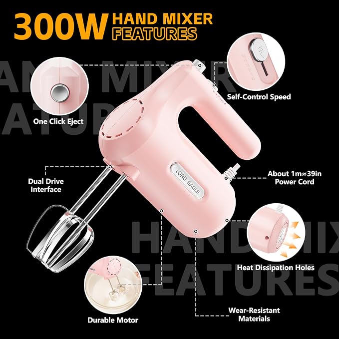 Lord Eagle 5-Speed Small Hand Mixer Electric, 300W Compact Portable, Pink | Handheld Kitchen Mixer Egg Beater with 5 Attachments & Storage Bag, Cake Supplies for Bread Dough Baking, Lightweight