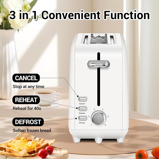 SEEDEEM Stainless Steel Toaster 2 Slice Slim, 10" Long Slot, 6 Shade, White