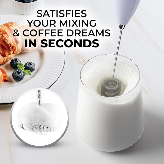 Zulay Kitchen Powerful Milk Frother Wand With Duracell Batteries - Ultra Fast Handheld Drink Mixer - Electric Whisk Foam Maker for Coffee, Lattes, Cappuccino & Matcha - Triple Whisk - Pale Cloud
