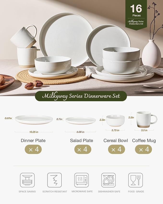 Famiware Milkyway 16-Piece Dinnerware Set with Mugs, White | Stoneware Plates and Bowls for 4, Dishes Set for Everyday/Formal Use, Microwave/Dishwasher Safe, Chip/Scratch Resistant