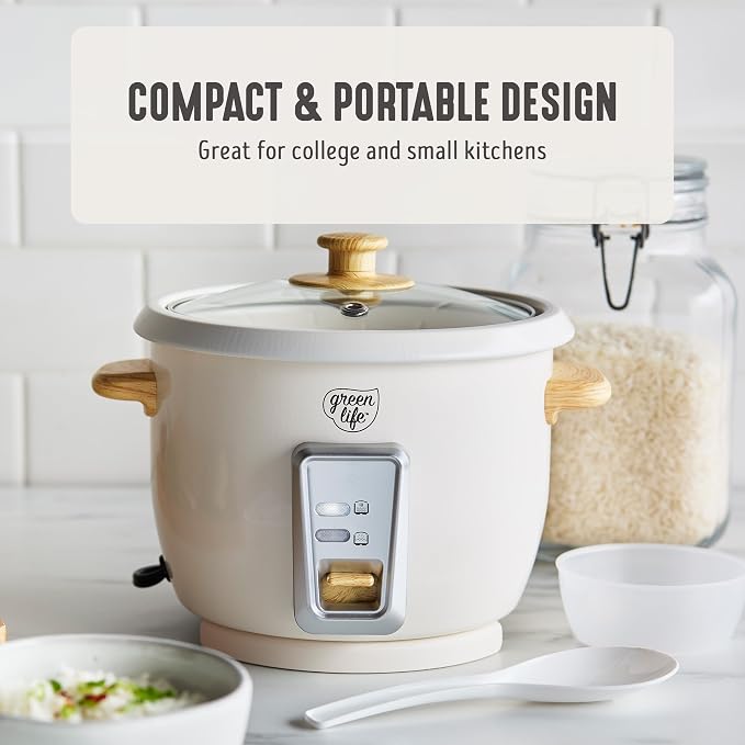GreenLife Rice Cooker with Removable PFAS-Free Ceramic Nonstick Pot, 3-Cups Uncooked/6-Cups Cooked, Grains & Oatmeal Multicooker, Compact One-Switch Design, Auto Keep Warm, Easy Clean, Cream