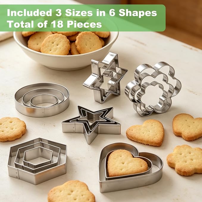 Cookie Cutters,18 Pcs Stainless Steel Cookie Cutters Variety Pack with Box | 3 Sizes 6 Shapes Biscuit Cutter with Heart,Star,Flower,Round,Hexagon,Large Small Mini Cake Molds for Baking,Fruit,Veggie