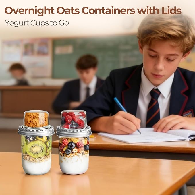 ComSaf Overnight Oats Containers with Lids, 16 oz Glass Mason Jars, 2 Pack | Dual-Layer Design, Yogurt Parfaits, Chia Pudding, Cereal, Fruit and Nuts, Reusable Breakfast Prep